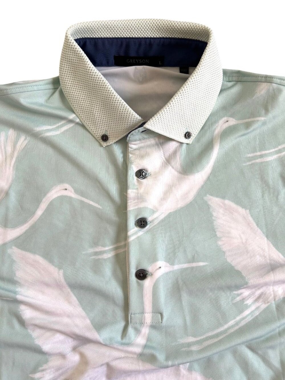 Greyson Men's Sz Large Panther National Polo Shirt Mint Green Crane Print